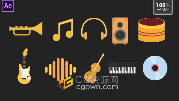 Music Icons AE模板10个音乐图标动画有鼓吉他波形光盘