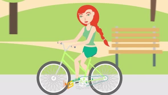 推镜头展示骑自行车的女人卡通动态图形场景-AE模板