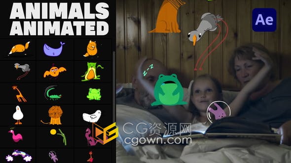 AE模板-30组卡通动物动画贴纸手绘动画可爱元素视频模板