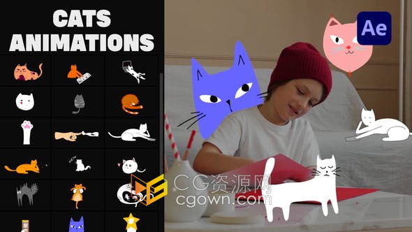 AE模板-25组卡通可爱猫手绘图形动画效果元素视频制作