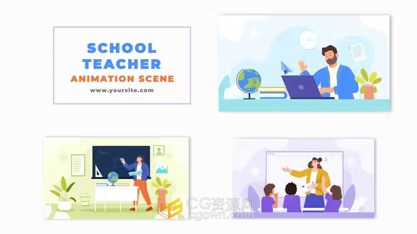 AE模板-课堂互动在线课程教学视频扁平人物教育动画场景