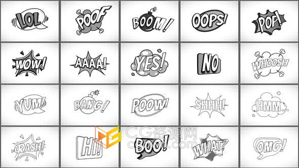 AE模板-20个黑白卡通风格可爱动漫爆炸对话框标题视频字幕