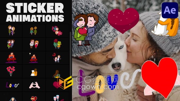 AE模板-20组一对卡通手绘情侣元素动画图形爱心比心
