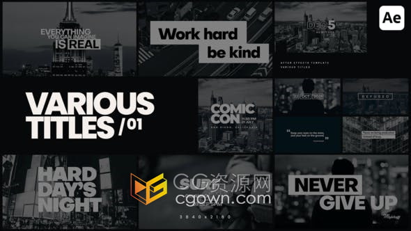 AE模板-12种干净黑白色调输入+输出文本标题动画