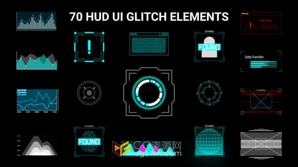 70种高科技界面设计元素动画AE模板HUD UI Glitch Elements