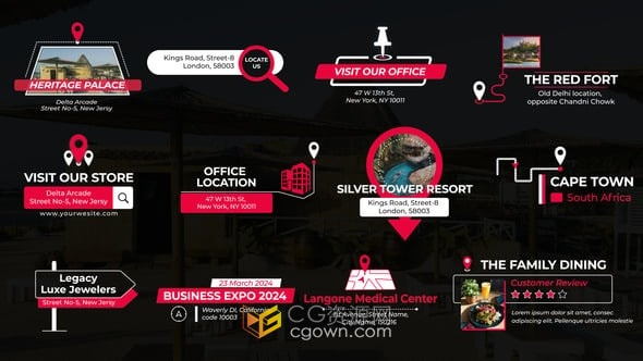 12个地址和位置标题动画指定地点地标路线旅程方向标注-AE模板