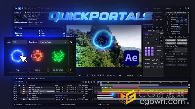 AE脚本QuickPortals v1.0.0视频添加魔法霓虹图形遮罩转场过渡动画+视频教程