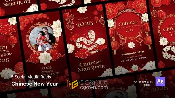 2025新年蛇年春节元素社交媒体营销宣传竖屏海报-AE短视频模板