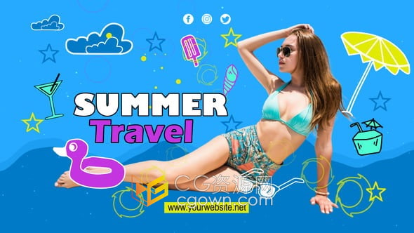 夏季旅行Vlog开场视频卡通元素设计效果-AE模板