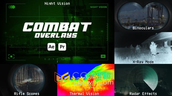 军事高科技电影战区视觉效果热视觉夜视雷达瞄准镜叠加层-AE&PR模板