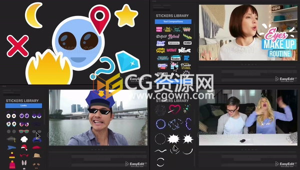 AE模板+PR模板预设74组卡通表情装饰标签徽章贴纸字幕动画