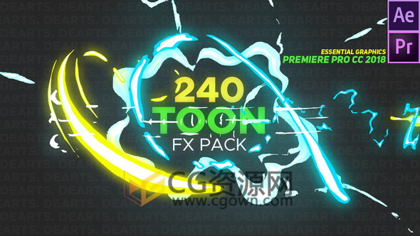 纯AE制作240组卡通手绘能量火焰闪电烟雾MG动画工程+Premiere模板预设