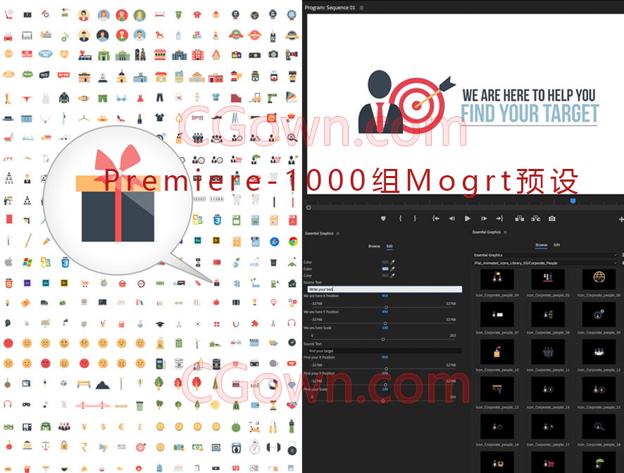 PR预设Mogrt文件1000组信息图形电商交际ICON图标平面设计动画