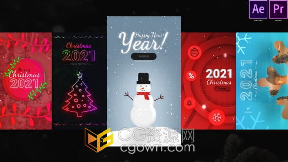 5种手机垂直版温馨美好圣诞新年元素节日问候电子贺卡-AE/PR模板