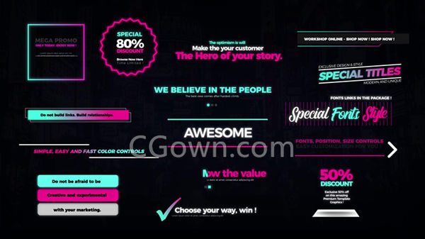 Premiere预设与AE模板4K分辨率霓虹灯效果文字标题字幕动画