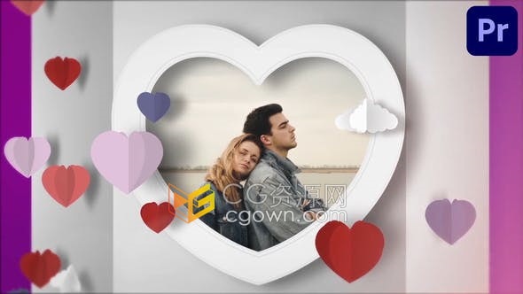 PR模板-心形折纸动画多面体转动3D柱子展示爱心相框浪漫视频相册