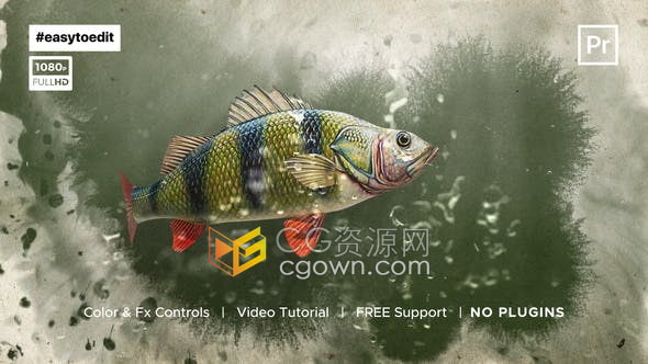 PR模板-水墨晕开鱼儿游动水泡上升动画鱼游过标志LOGO显示