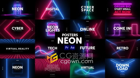 AE与PR模板-彩色线条霓虹灯场景动画文字排版海报视频Posters Neon