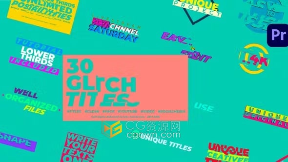鲜艳多彩失真故障标题文本Glitch Titles-PR模板