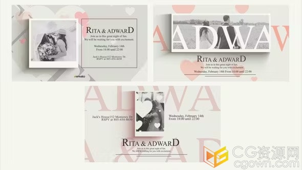 3张独特的婚礼请柬复古时尚活动邀请函-AE与PR模板