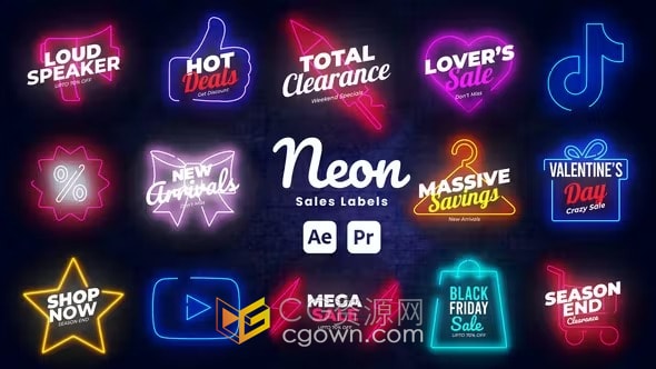 15种设计霓虹灯发光促销标签文字标题动画-AE&PR模板