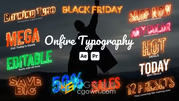 12个燃烧火热火焰字体预设动画效果-AE&PR模板