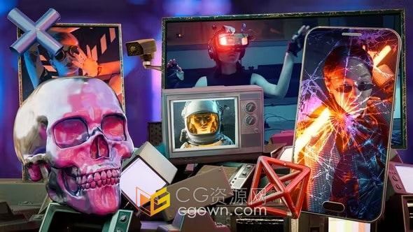 疯狂赛博朋克老旧电视头骨软盘霓虹灯开场片头视频-AE模板