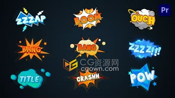 PR文字动画模板-漫画爆炸标题卡通多彩泡泡贴纸Comic Explosion Titles