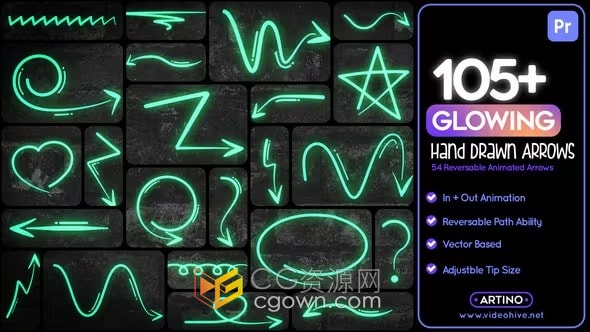 免费下载105+动画发光手绘箭头元素Mogrt动态图形PR模板