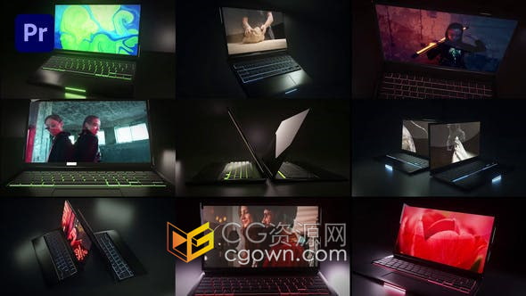 PR模板-深色笔记本电脑模型9个场景演示展示网站屏幕占位符动画视频