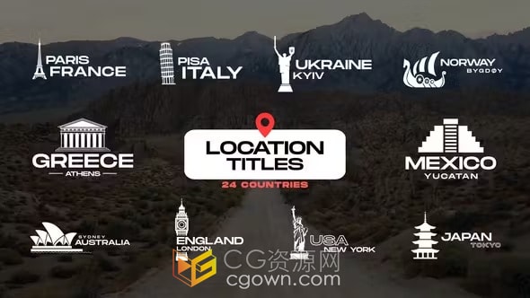 24个地点场景带国家标志性建筑雕像标题动画-PR模板