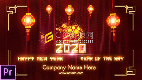 PR预设-喜庆红布背景闪亮黄金粒子绘画生成喜庆生肖金鼠拜年2020春节贺岁片头