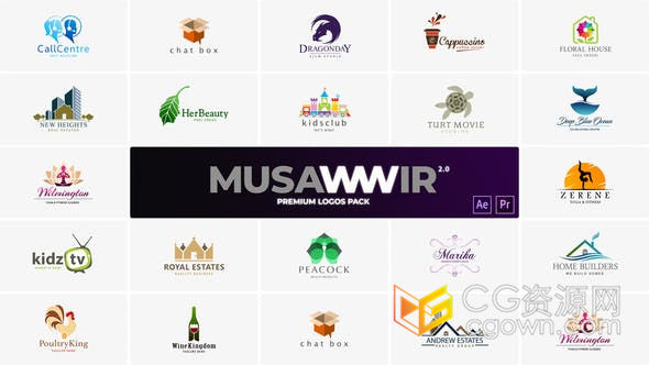 4K专业设计彩色高级标识包花店房地产瑜伽馆游乐场呼叫中心商务标志-AE模板/PR预设