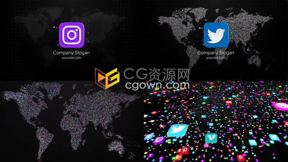 创意社交媒体图标汇聚成世界地图效果开场视频LOGO片头动画-PR模板下载