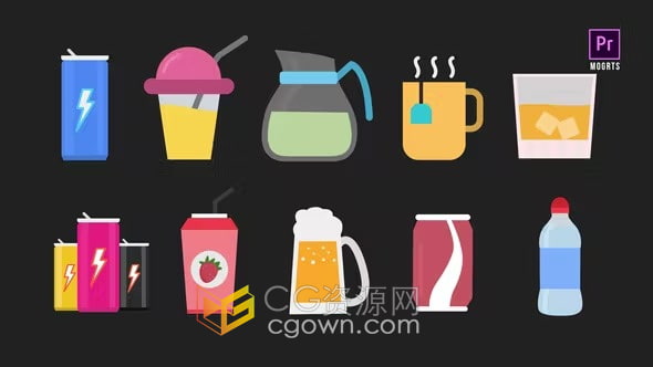 PR模板-10个饮料动画图标能量饮料奶昔果汁茶等
