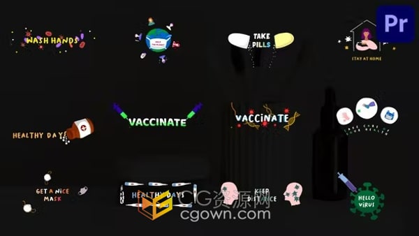 疫苗接种病毒主题色彩丰富动画标题健康医疗广告社交媒体卡通字幕PR模板