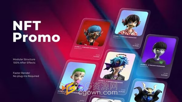 NFT Promo Mogrt卡片式照片动画展示数字艺术作品宣传视频PR模板