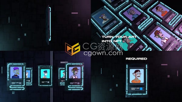 PR模板-区块链虚拟交易数字艺术藏品宣传霓虹灯3D卡片动画NFT Promo