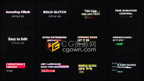 Glitch Titles AE故障字幕动画模板12种视频文字标题效果