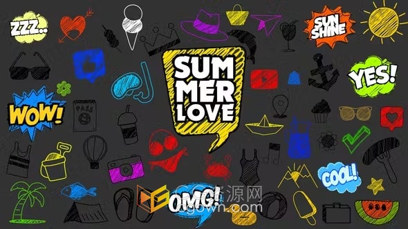 60多个夏日主题手写涂鸦图标动画元素-PR模板下载