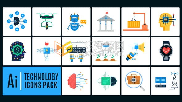 PR模板下载AI技术动画图标卡通彩色人工智能图形效果4K分辨率Mogrt文件