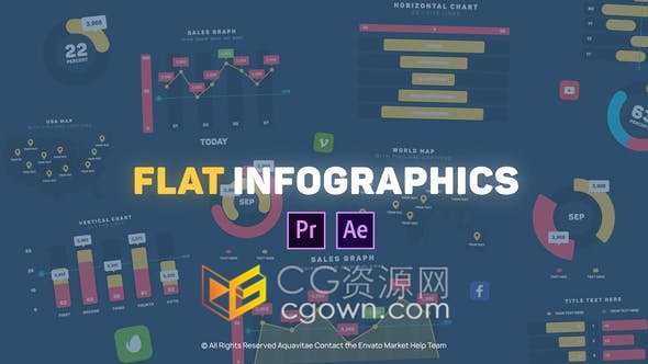 PR预设-一套时尚彩色平面设计信息图表动画饼图条形图地图可追踪呼出等专业图表预设