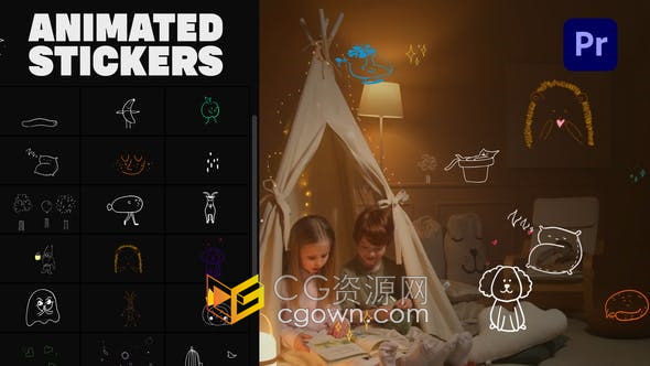 PR模板-30个卡通手绘可爱线条图案贴纸元素MG图形动画