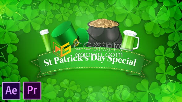 清新绿色三叶草图文标题展示圣帕特里克节活动宣传片-PR预设/AE模板下载