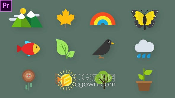 PR模板-17个自然图标动画例如鸟类、风景、花卉、树叶、太阳、云彩、蝴蝶等