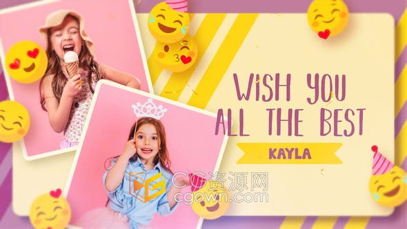 AE与PR模板-表情符号动画场景可爱生日快乐照片相册视频