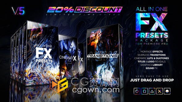 PR模板工程-1000+FX预设包图形背景标题动画电影LUTS过渡音效超级包装效果元素