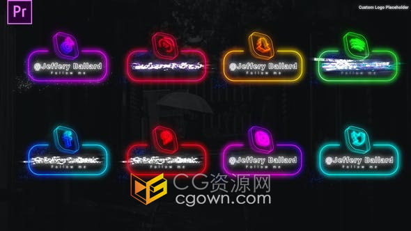 PR模板-10组霓虹灯发光抖音社交媒体图标视频字幕条动画