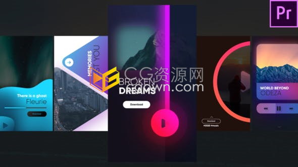 手机APP竖屏幕效果音乐宣传广告社会化媒体推广设计页面动画-PR模板下载