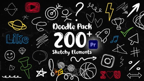 222个涂鸦元素设计线条圆圈箭头气泡边框图形动画-PR模板
